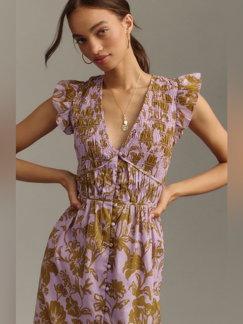 Anthropologie Peregrine Midi Lavender & Olive Floral Midi Dress